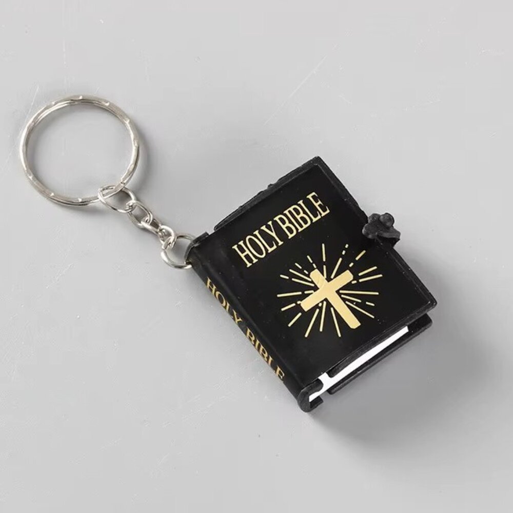 Black Mini Bible Keychain w Real Pages Keyring Christian Jesus Church Gift, God